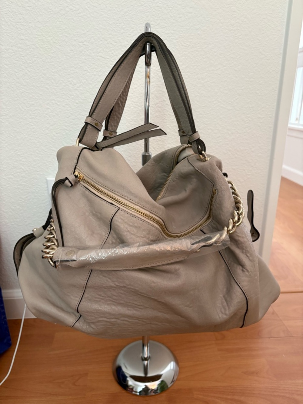 Neutral Taupe Leather Hobo Bag with Gold Chain Detail